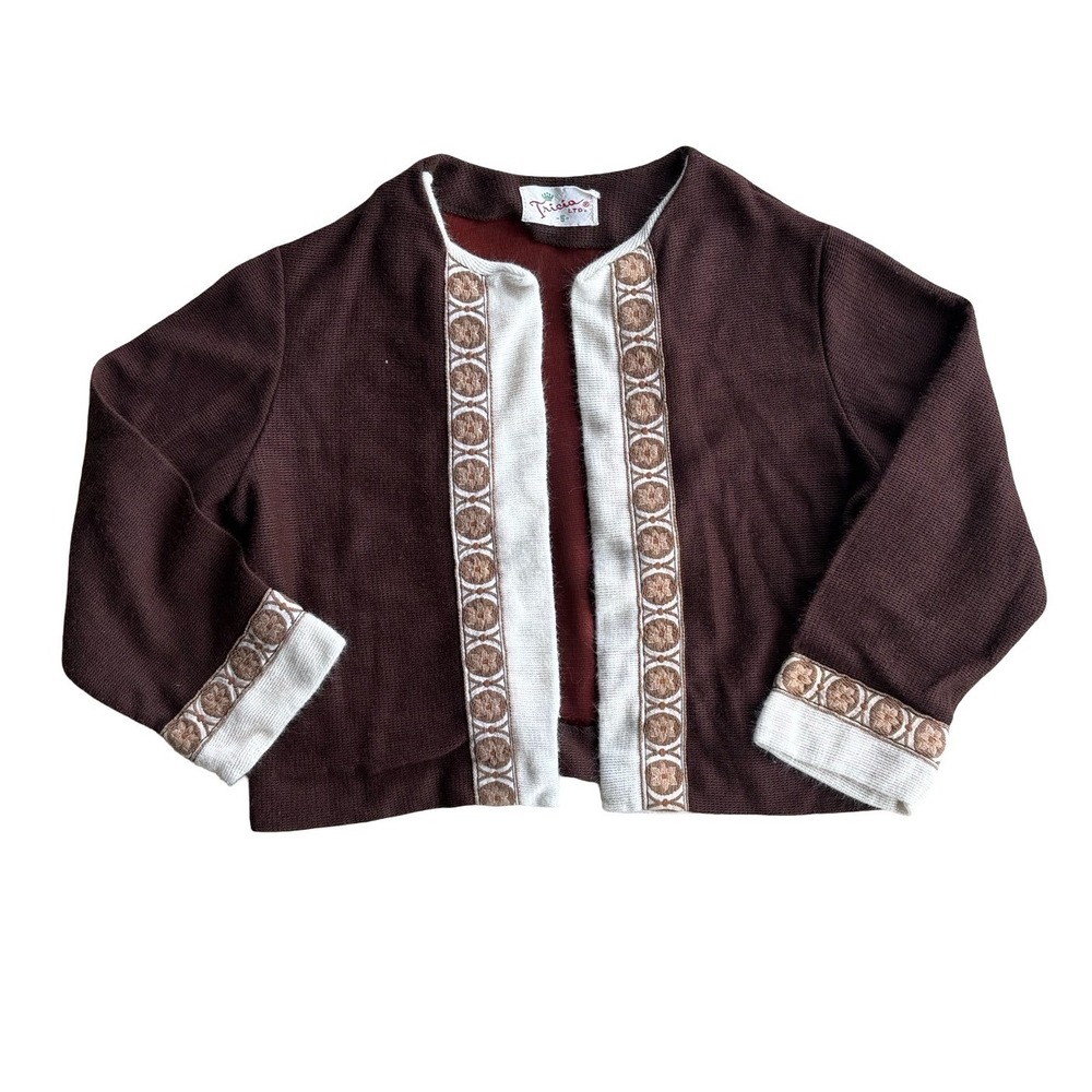 Vintage Tricia Ltd Girls Brown Knit Cardigan Sweater Embroidered Trim Size 5